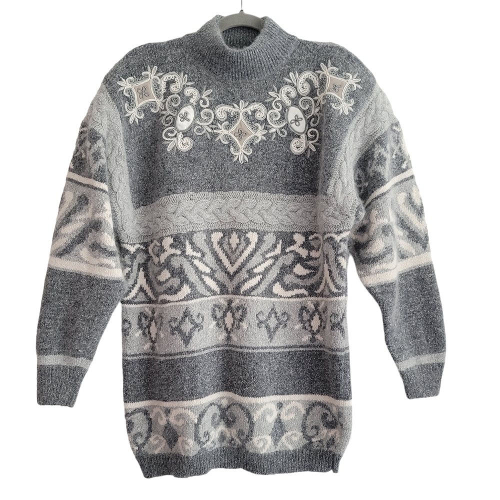 VTG Gray Embellished Silk Angora Lambswool Knit Sweater IB Diffusion Size Medium